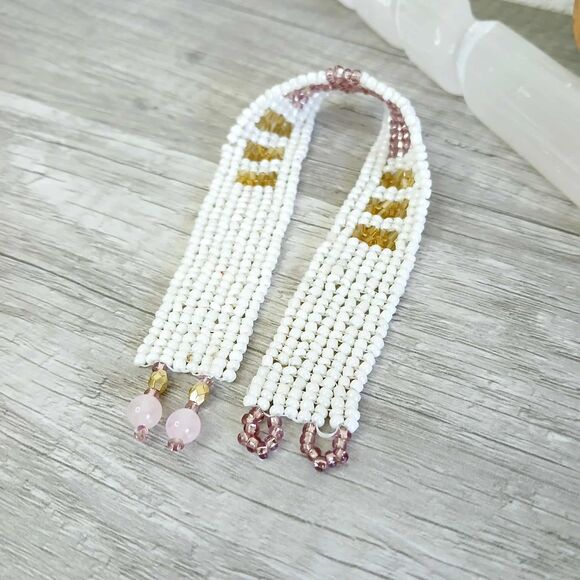 Beaded Herringbone Cross Rose Quartz Gemstone Bracelet 8 - Picture 3 of 5